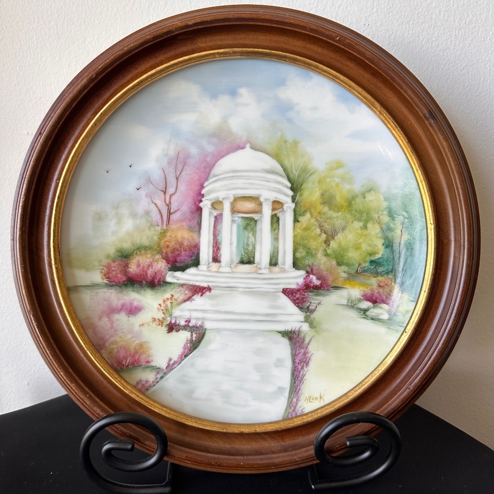 Vintage Hand-Painted Porcelain Decorative Plate Pavilion Scene Signed Framed